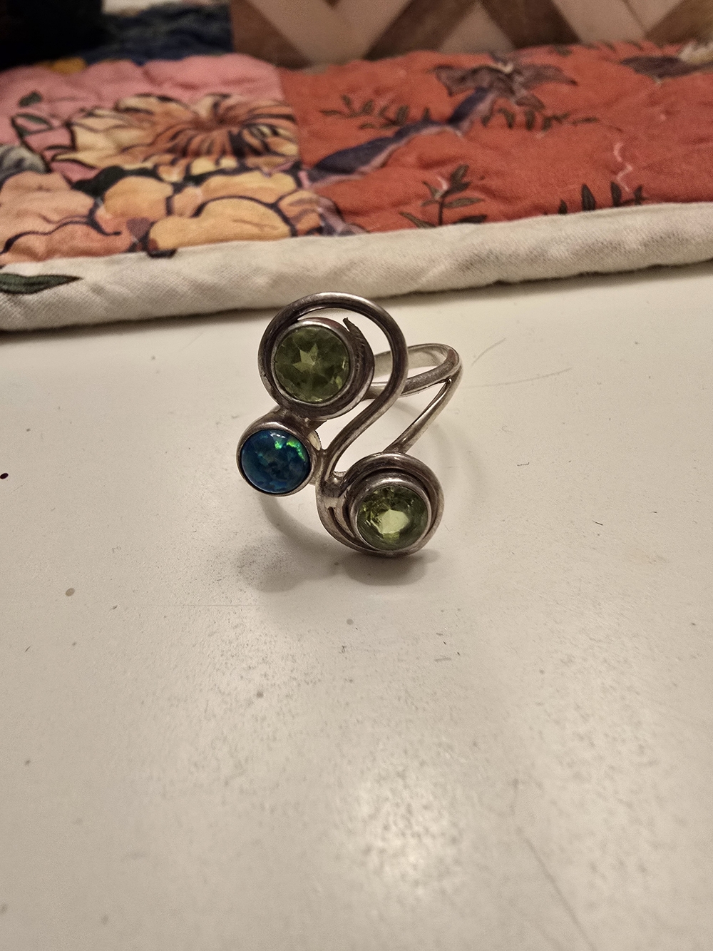 925 Sterling Silver Green and Blue Gemstone Swirl Ring